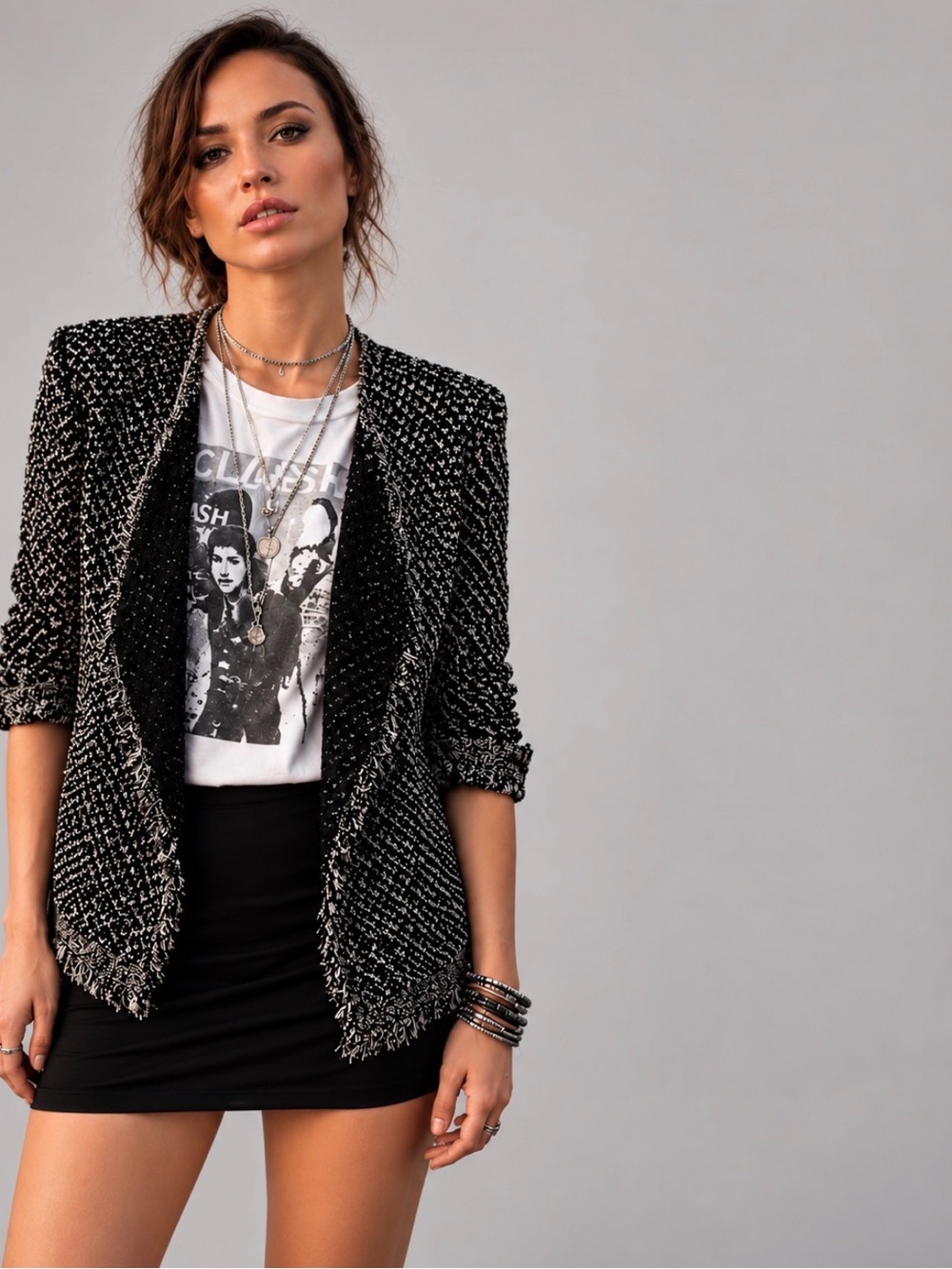 JOIE Nalah Black & White Classic Tweed Open-Front Cardigan w Fringed Edge Size S